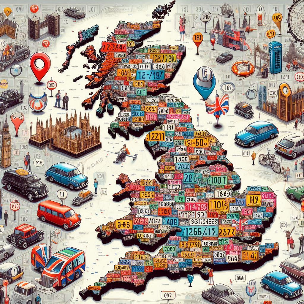 Map of the UK showing area codes and vehicle registration number plates.