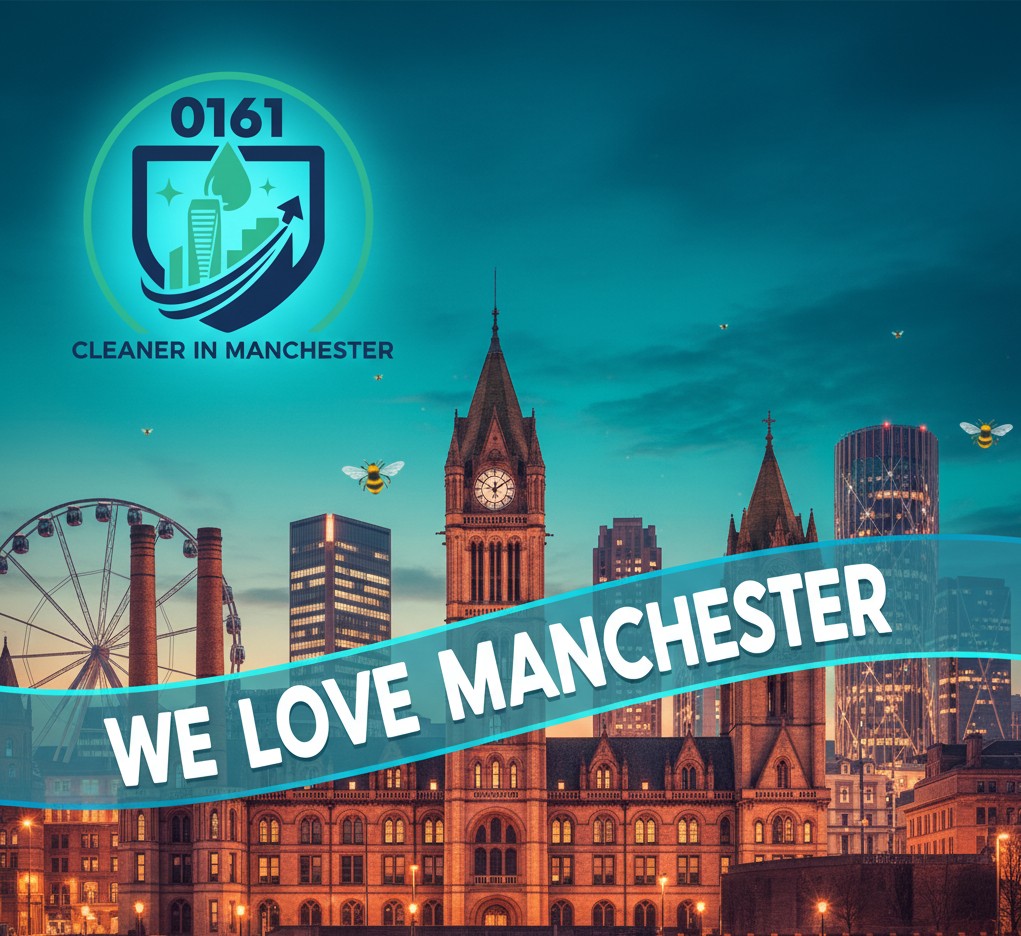 Manchester city skyline at dusk with 'We Love Manchester' text, '0161 Cleaner in Manchester' logo, landmarks, and worker bees.